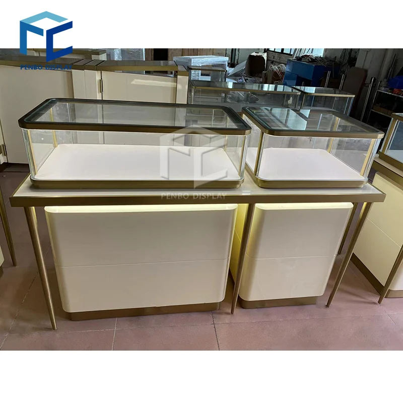 2023 New Stainless Steel Jewelry Display Table With 2 Drawers Custom Glass Jewelry Display