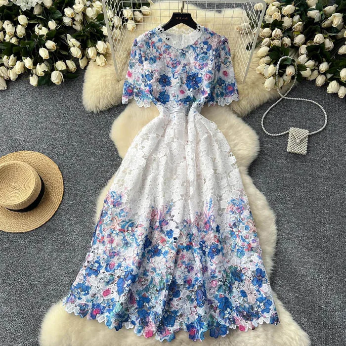 LY1263 nuevo 2024 moda Coreana de gama alta ahueca hacia fuera el vestido  de encaje de las mujeres Midi vestidos románticos ropa