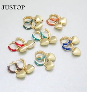 High Quality Women Luxury 14K Gold Plated Brass Circle Silver Solid Heart Pendant Earrings