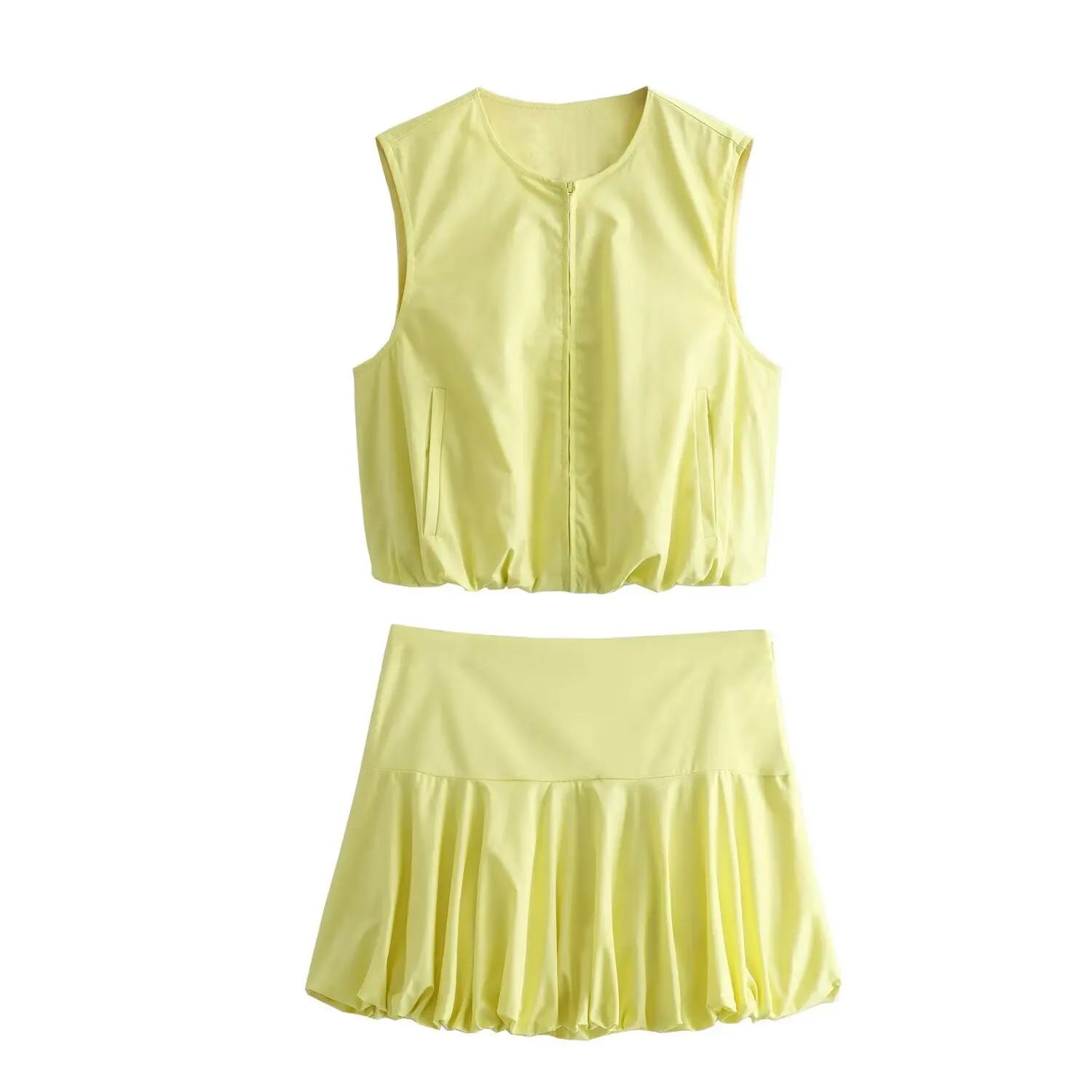 2024 Spring New Round Neck Zipper Pocket Balloon Short Vest Fold Half Skirt Set for Women