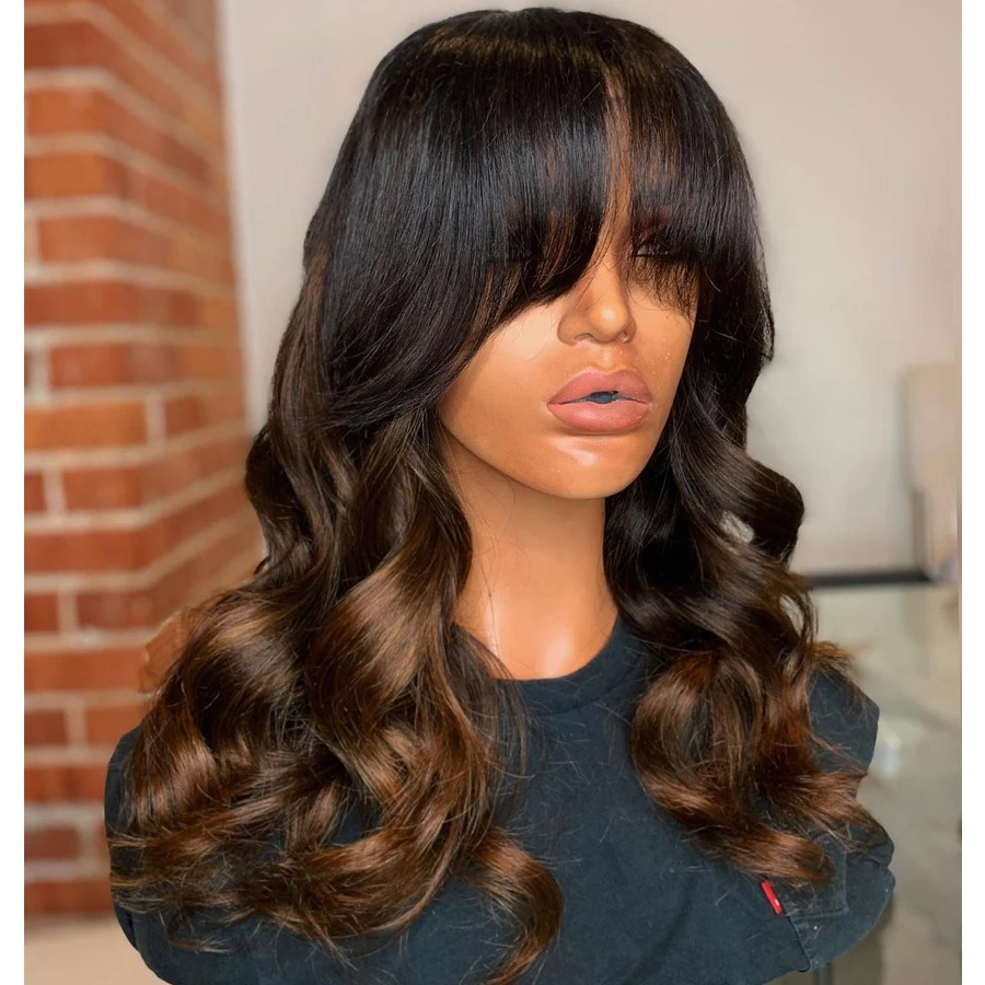 Indian Ombre Dark Brown 13x6 Lace Front Human Hair Wigs With Bangs  150density Glueless Fringe Lace Wigs For Women Remy - Buy Two Tone Virgin  Lace Front Wigs Human Hair Lace Front,Lace