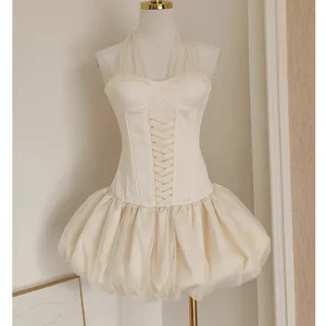 Factory Wholesale Halter Neck Spring Summer Mini Dress Daughter Mesh Yarn Lace-up Tight Waist Flower Bud Ballet Princess