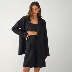 Work Attire Office Designer Clothes Outfit Loose Cotton Long Sleeve  Elastic Waist  2 Piece Shorts Set