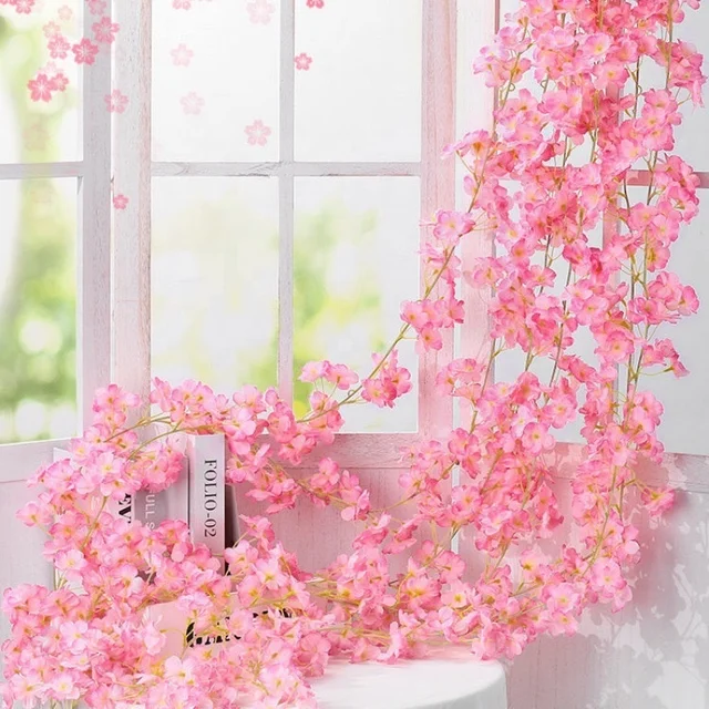 Wholesale  Artificial Decorative Vines Sakura Flower Vines Plastic Cherry Blossom Hanging Garlands Cherry blossom Wedding