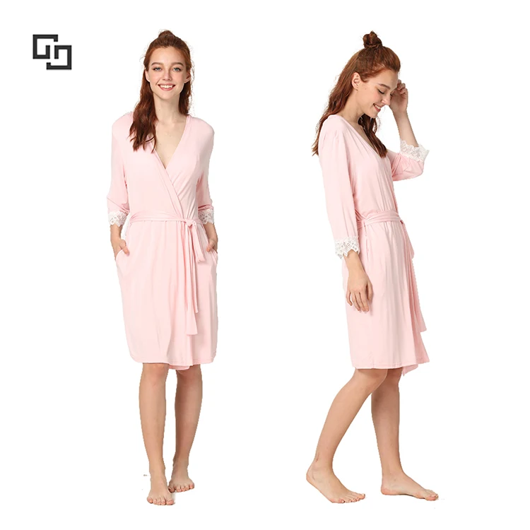Custom Drop Shoulder Open Front Lounge Viscose Robe With Knit Jersey Lace Bathrobes Women Filles Robes