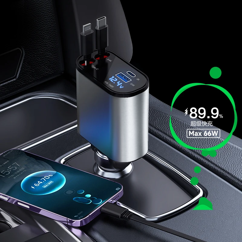 Fast Retractable Car Charger USB C Car Charger Fast Charge 60W 2  Retractable Cables  and USB Port Car Charger Adapter