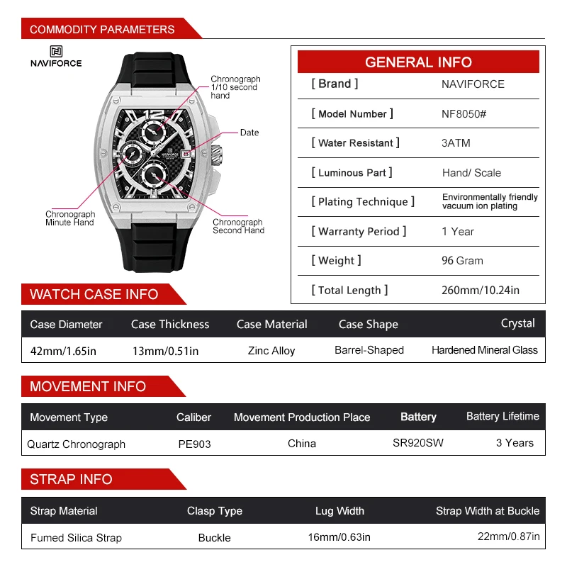 NAVIFORCE New 8050 Men Quartz Watches Sports Waterproof Silicone Strap Wrist Watch for Man Calendar Male Chronograph Clock