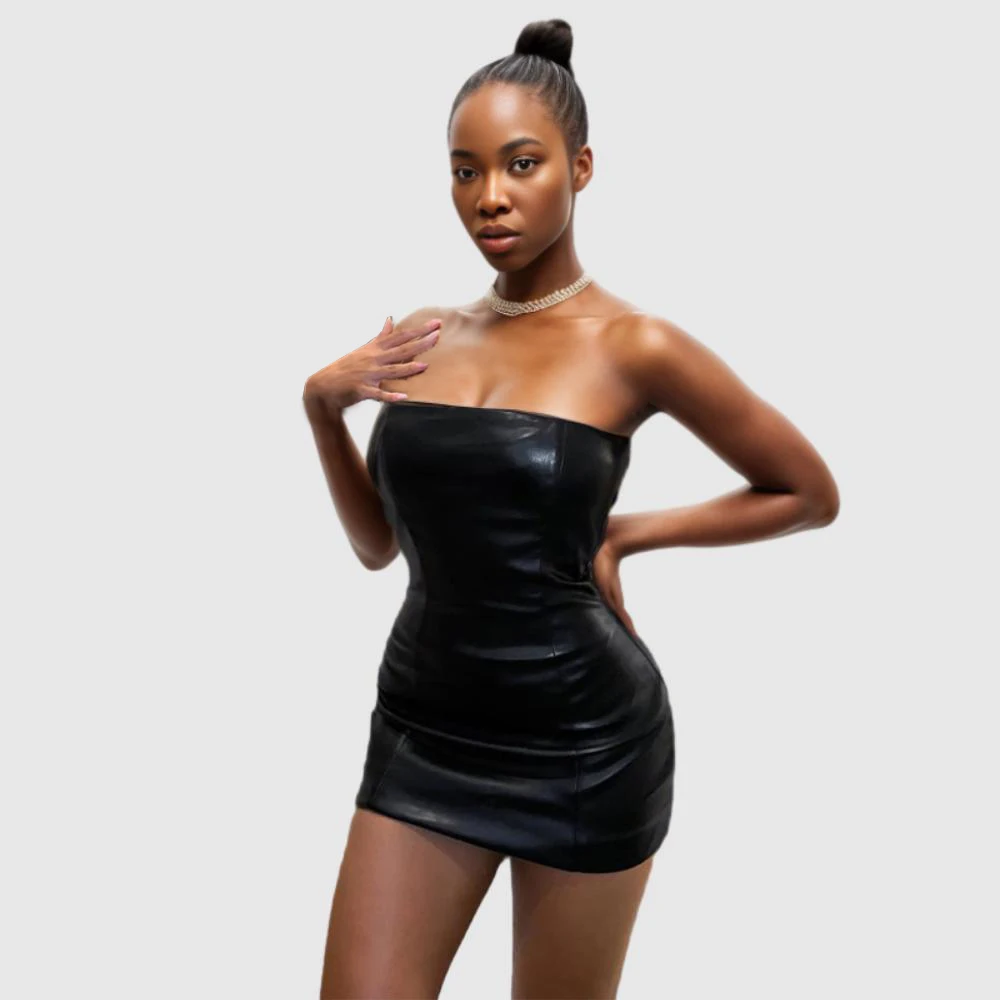 OEM E0109TA45 Wholesale Sexy Tight Mini Dress Elegant Night Club Sexy Women  Black Leather Tube Dress Sehe Fashion
