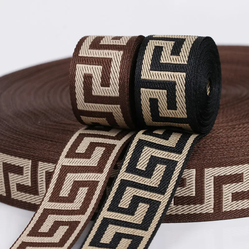 Stock 1.5/2CM Polyester Maze Great Wall Pattern Computer Jacquard Webbing Embroidery Woven Geometric Pattern Webbing Bag Strap