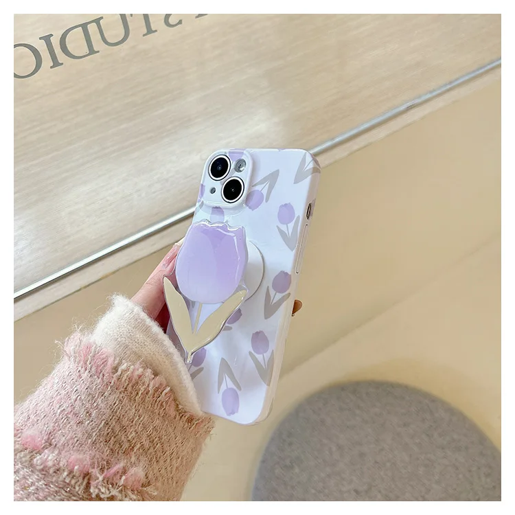 New Arrival Purple Pink Gradient With Tulip Holder Phone Case for IPhone 15 14 13 12 Pro Max