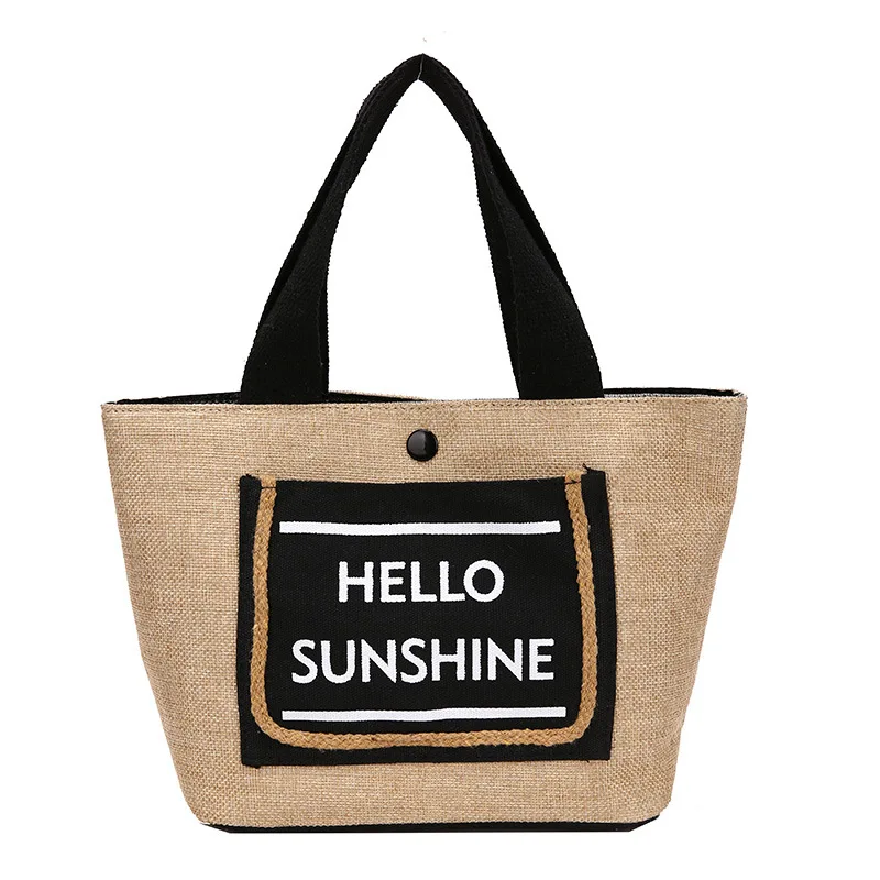 OEM Wholesale Drawstring Tote Black Custom Logo Small Print Eco Friendly Shopping Linen Burlap Jute Bag