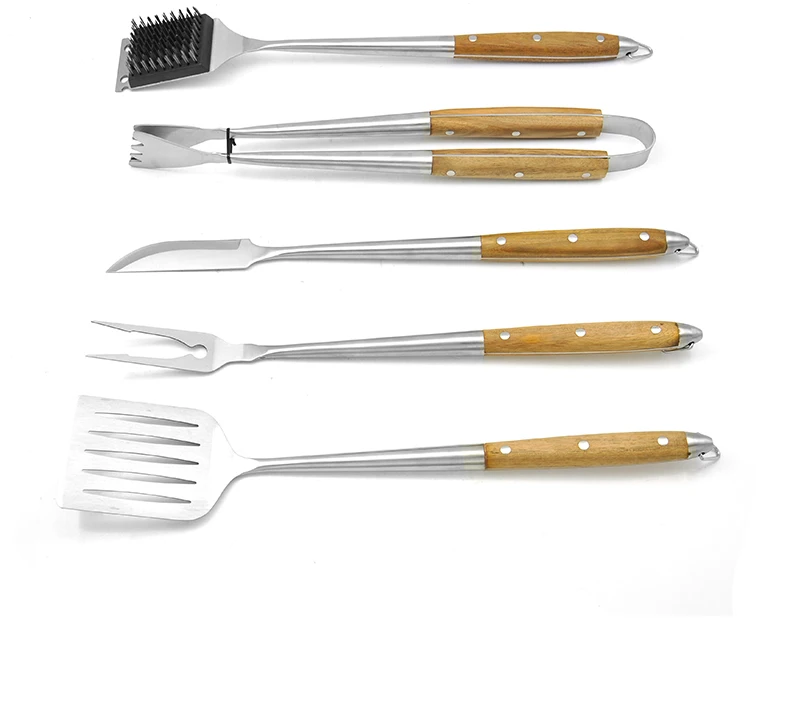Wooden Handle Grill Tool Set Stainless Steel Bbq Outdoor Tools Set 5