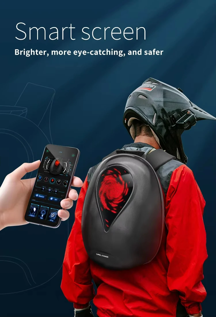 Smart WiFi Connect Custom LED Animation Waterproof Backpack IP64 Rating for Outdoor/Motorcycle Use Adjustable Digital Display