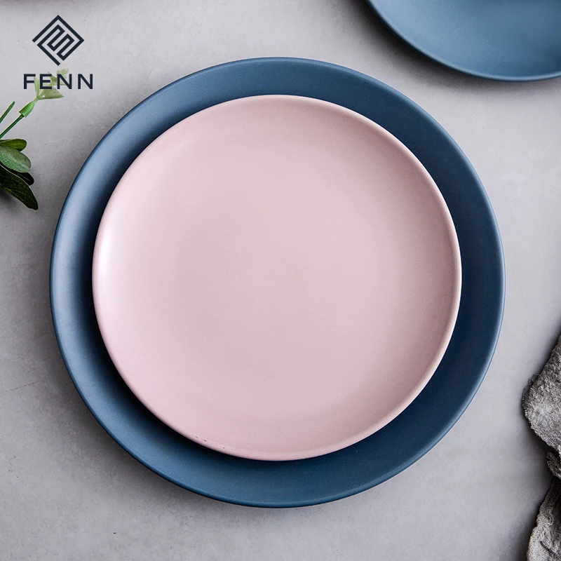 FENN Customized Color Logo Nordic Design Matte Pink Ceramic Salad Plate Sustainable Flat round Wedding Party Dinner Dish