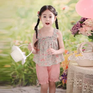 High Quality Summer Casual Suspender Blouse Shorts Two-Piece Set for Baby Girls