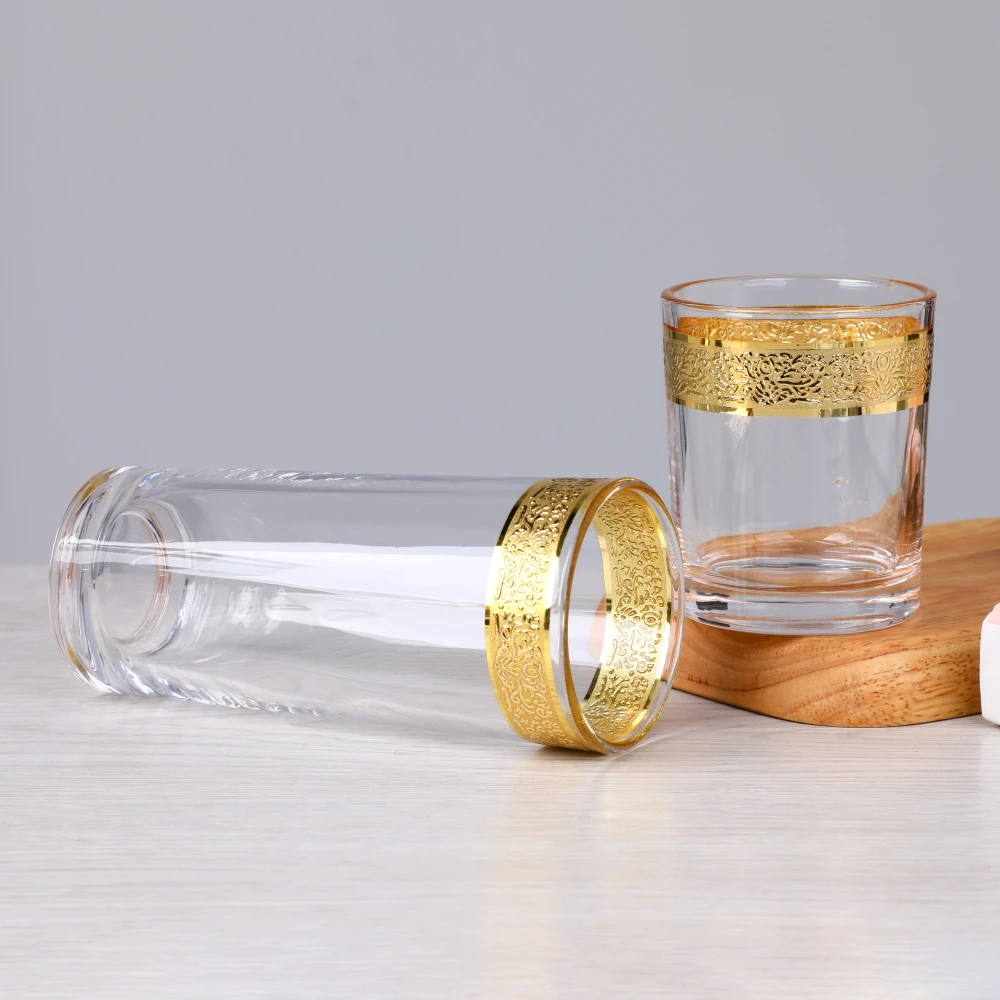 Vintage Crystal Etched Gold Rimmed Pattern champagne Flutes Cognac Cooler Cocktail Wine Glasses with Thick Gold Band Bottom