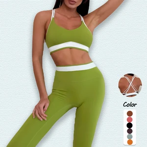 New Arrival Threaded Wear Spaghetti Straps Beautiful Back Bra Sport Pants 2 Pieces Drawstring Fitness Yoga Sports Set