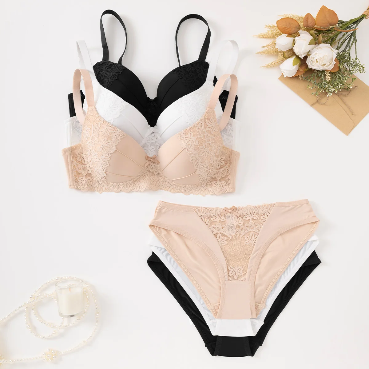 High Quality Lace Design Sewing Bra Set Gathering Push up Wonder Underwear Highly Elastic Panty and Bra Set for Women Ladies