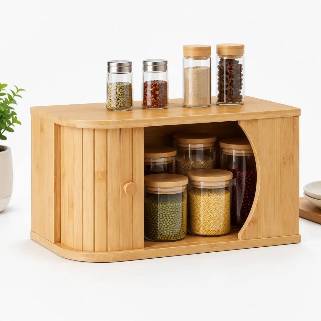 New Product 2026 Rectangle Lacquer Bamboo Bread Box with Roller Door Food Storage Container for Kitchen Countertop