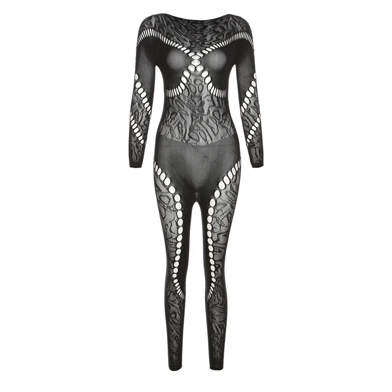 Kliou W22q24877 Hollow Out Mesh Jumpsuit Concise Solid Ladies Jumpsuit