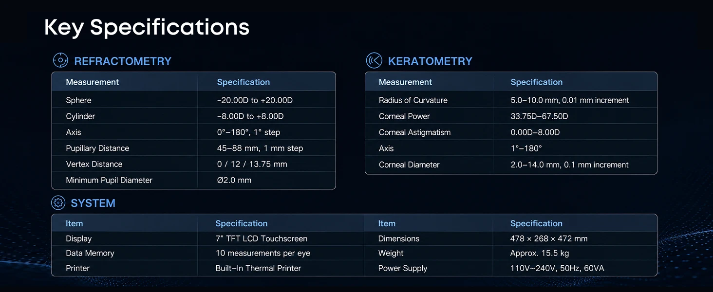 Auto Refractometer with Keratometer Automatic Refraction and Corneal Measurement Device for Optometry