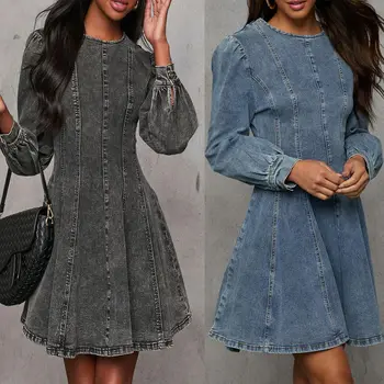 24-year Cross-border Autumn Elegant and Stylish Women's Denim Long-sleeved Dress With a Fitted Waist, 750