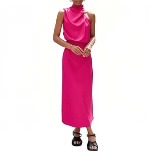Women's Elegant 2026 Summer Maxi Dress Sleeveless Satin Mock Neck Natural Waistline Casual Style for Cocktail Parties