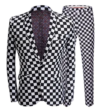 Club Prom Formal Clothing Slim Men's Wedding Suit, Groom Tuxedo 2-Piece Set Men's Black and white Check Suit