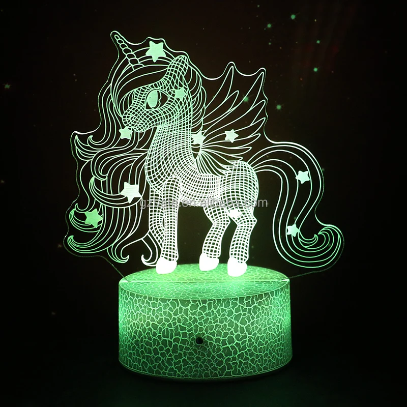 Crack Glow 7 Color Unicorn Remote Control 3d Lamp Illusion Acrylic Night Light for Kids Gifts