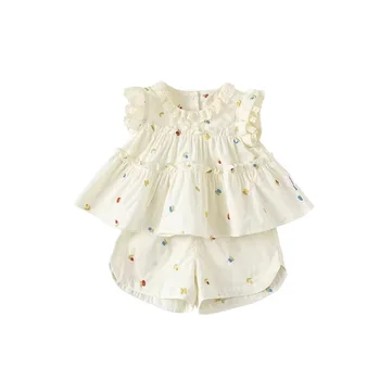 Wholesale of children's clothing girls' summer clothing colorful flower sleeveless white doll shirt top and shorts two-piece set