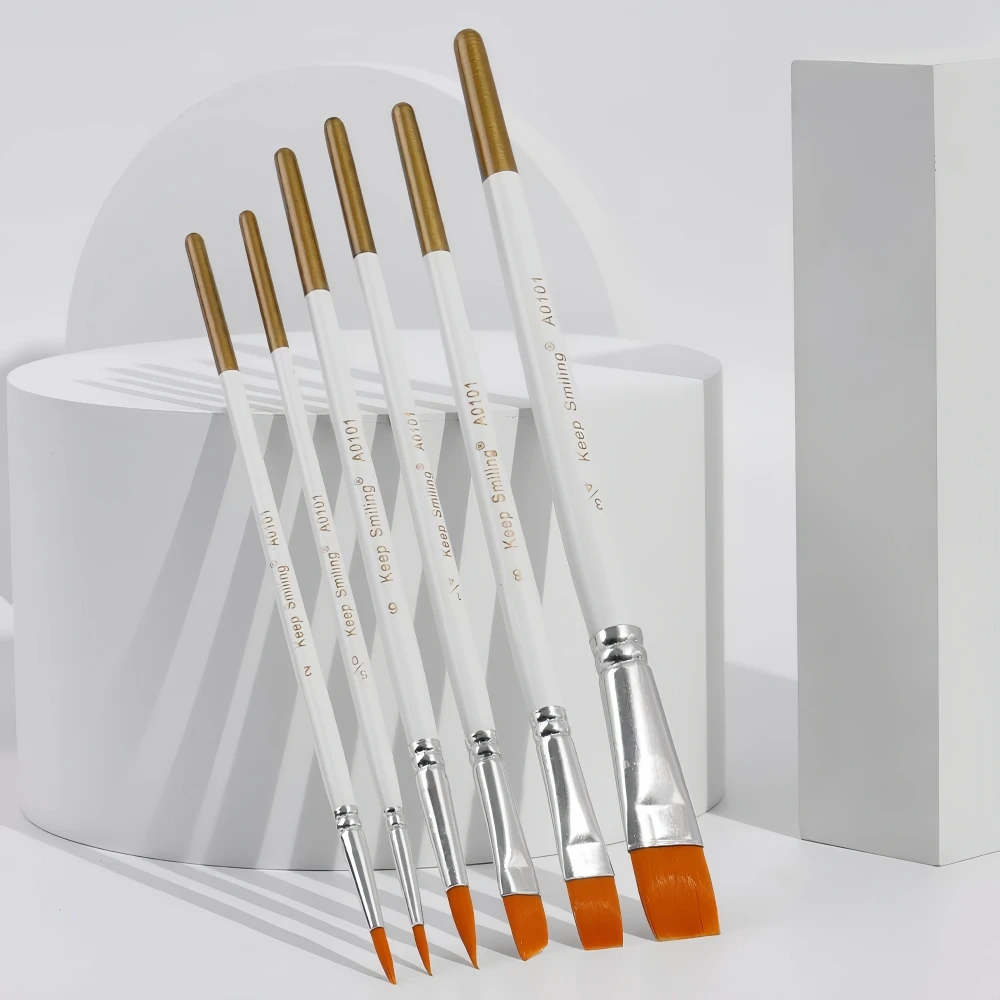 Keep Smiling Set of 6 Nylon Hair Wooden Handle Acrylic Oil Paint Brushes Set for Art Painting