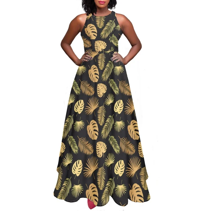 1 MOQ Custom Gold Palm Monstera Leaf Hawaii White Casual Long Maxi Dresses  for Women Elegant Flowy Dress Club Wear Party Outfits| Alibaba.com
