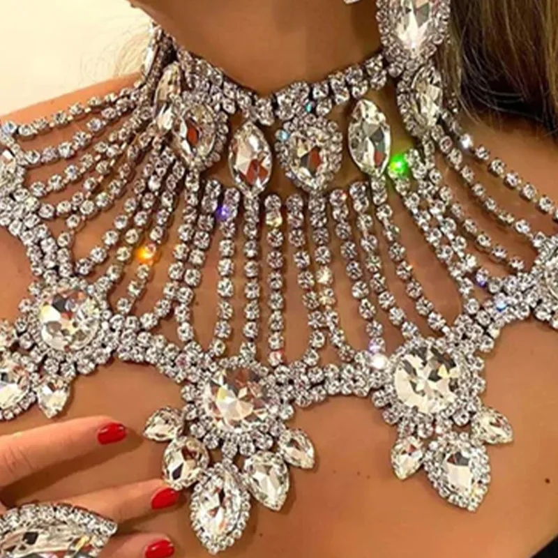 Модное огромное ожерелье со стразами индивидуальное роскошное многослойное в форме капли воды блестящие серьги комплект ювелирных