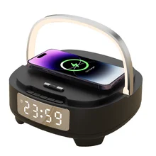 Multi-Functional 4-1 Wireless Fast Charger 15W Bluetooth Speaker With Night Light Table Lamp Alarm Clock Desktop Phone Charger