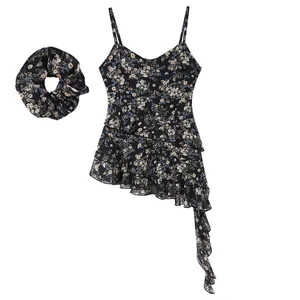 2026 Women's Floral V-neck Spaghetti Strap Tank Top Summer Beach Holiday Casual Wear Asymmetric Ruffle Eco-Friendly Tops