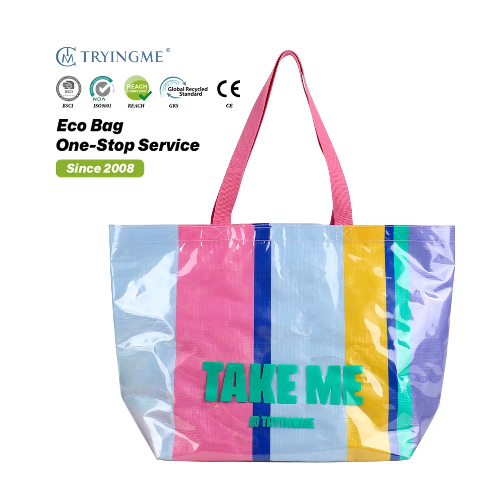 Stylish PVC Woven Handbag with Durable Portable Stripe Large Capacity Open Closure Comfortable Two Handles for Shopping Storage