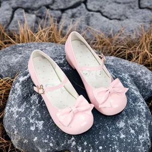 Ladies Lolita Shoes Low-Heeled Round-Toed Pumps Single Strap Bow-Tied Mary Jane Style Height Increasing Button for Summer