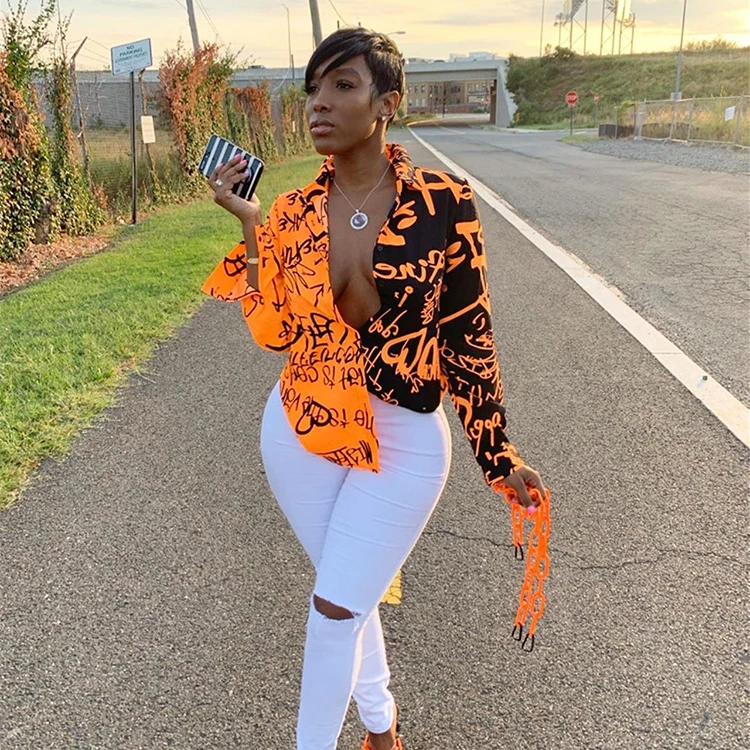 Trendy Streetwear Fall Autumn Turndown Collar Contrast Color Graffiti Print  Long Sleeve Woman Top Blouses Shirt Blouse For Women - Buy Blouse For  Women,Fashion Tops Blouse Women New Model Shirts,Long Sleeve Blouse