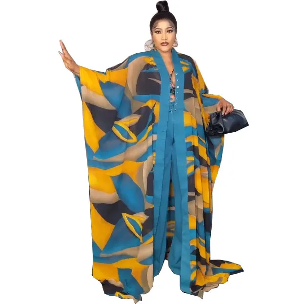 2023 Europe and America Printed Loose Trousers African Chiffon Robe Two-piece Suit Gowns for Women