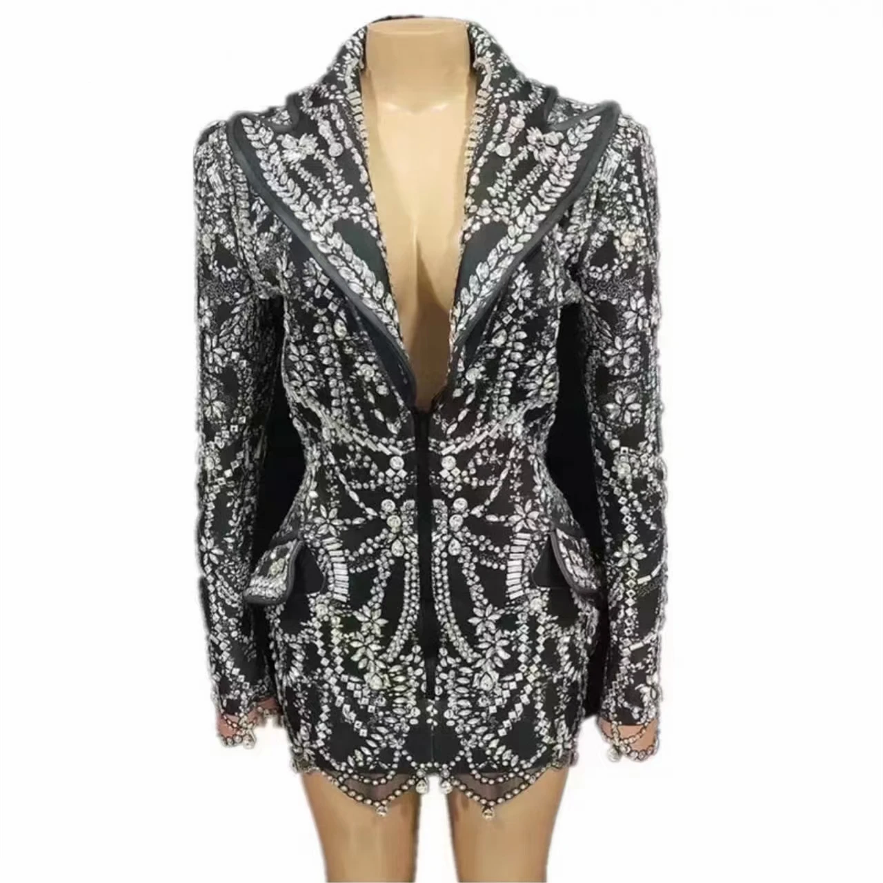Designer Long Sleeve Black Rhinestone Crystal V Neck Suit Jacket Stage Performance Dance Wear Women Party Club Blazer Coats