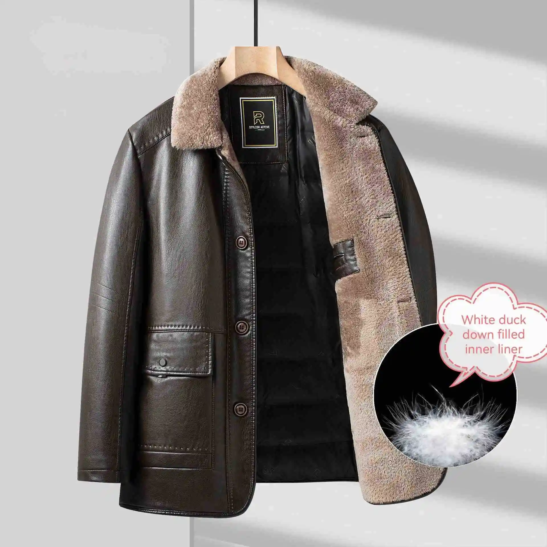 Jackets ed Fleece Coat with White Duck Veet Down Jacket Men's cking Leather Thicken Warm PU_voghion.com