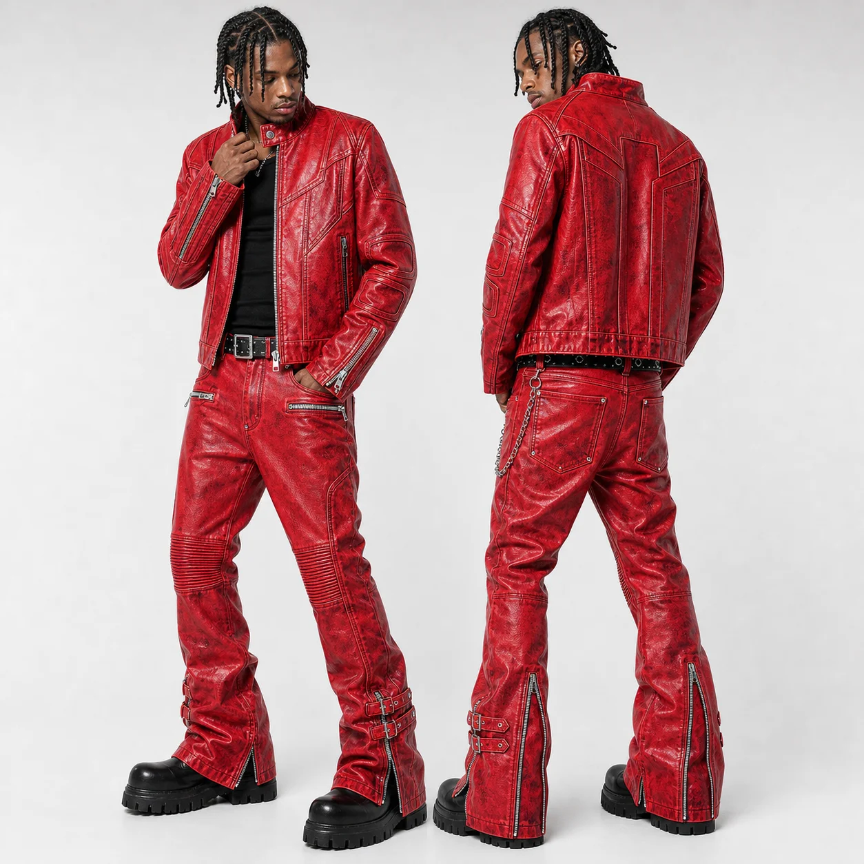 OEM Washed PU Leather Jacket Pants Set Zipper Biker Moto Style Streetwear Supplier Fashion Winter Fit Wear Men Leather Set gallery 8