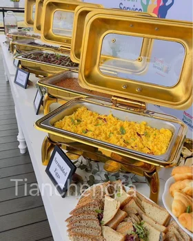 Luxury 9L Rectangle Buffet Food Warmer Commercial Wedding Stainless Steel  Chafing Dish Golden Hotel Serving Chafer Dish