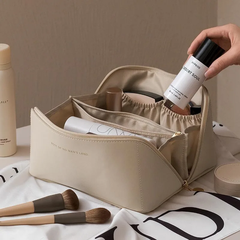 Katadem Travel Makeup Bag,Large Opening Makeup Bag,Portable Makeup Bag Opens Flat for Easy Access, Toiletry Bag,PU Leather Makeu