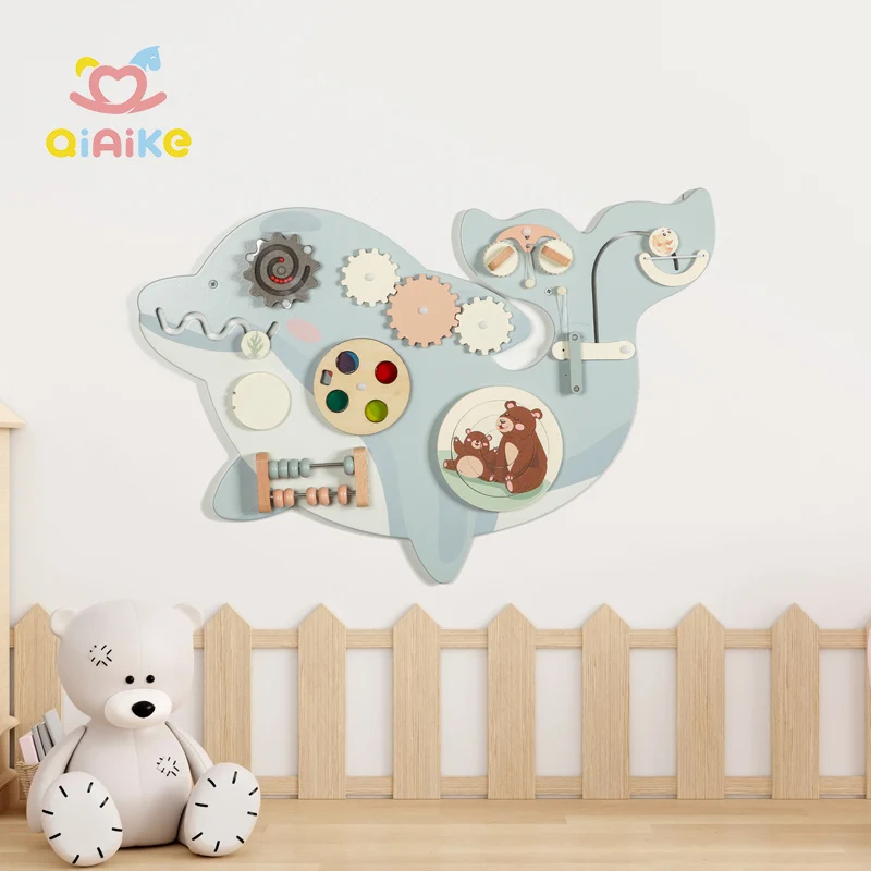 도매 몬테소리 다기능 감각 보드 벽면 게임 돌고래 바쁜 보드 어린이용 나무 장난감 교육용 완구