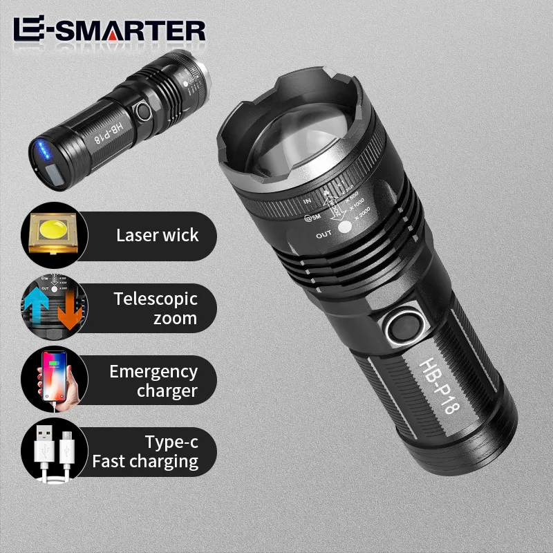 1pc High Power Super Bright Rechargeable Flashlight, 2000 Lumens White  Laser Wick, Silver Zoom Tactical Flashlight With Power Bank Function, 26650  Lar