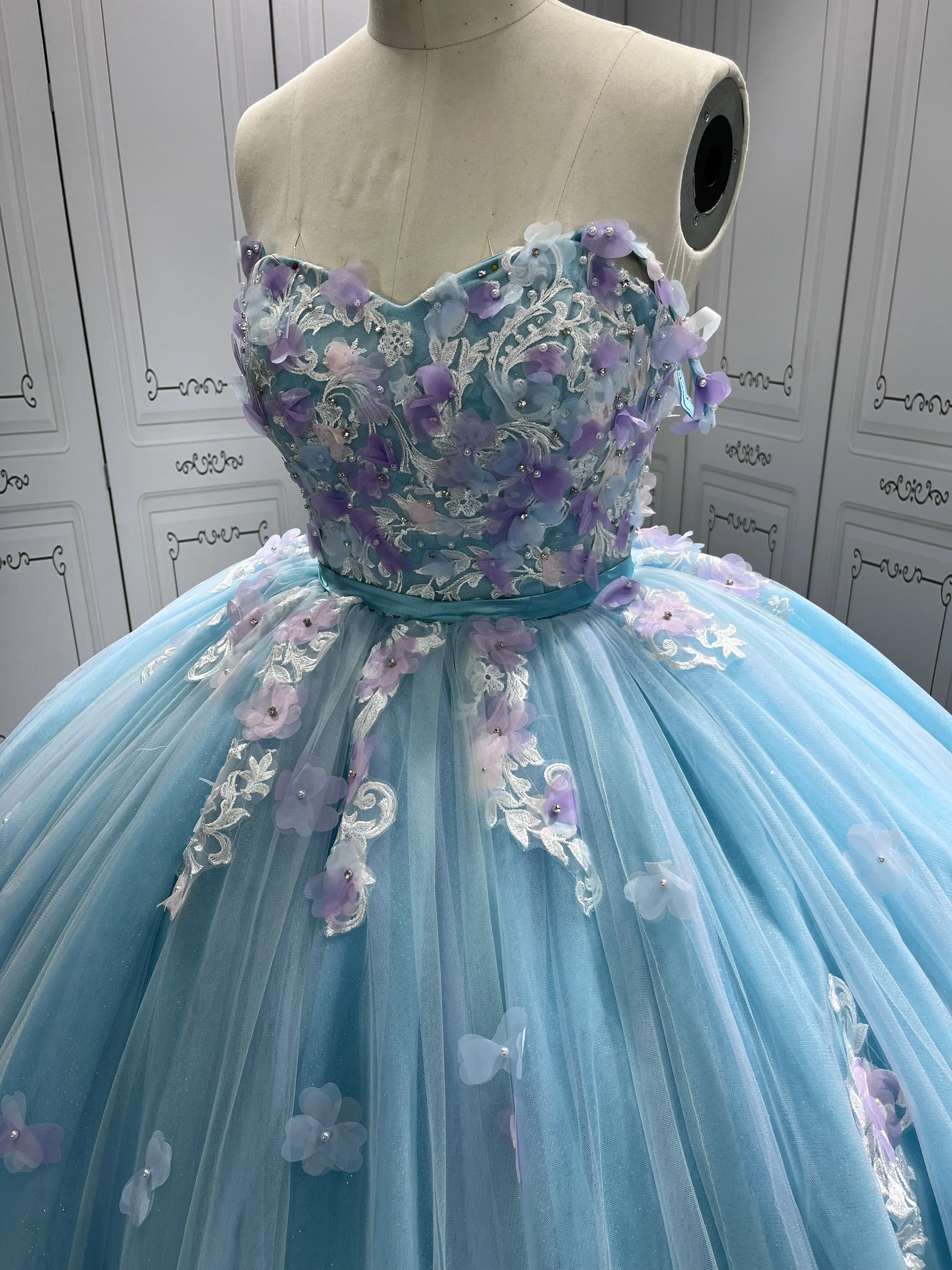 ice blue quince dresses Custom Blue Quinceañera Ball Gown with 3D Beaded Appliqués and Dramatic Train Custom Size / Ivory/Off White