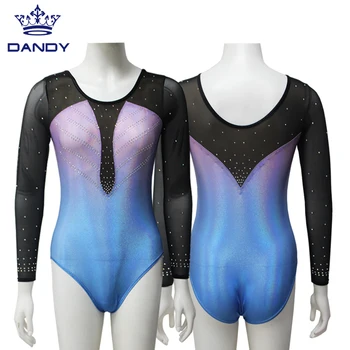 Women Ombre mystique adult long sleeved gymnastic leotards with black mesh sexy leotard for performance