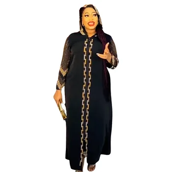 CCY Factory Glitter African Hooded Abaya Rhinestone with Hat Dubai Women Islamic Loose Muslim Dress Diamond Abaya