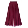 Pantaloni Palazzo a Gamba Larga in Chiffon con Vita Elasticizzata Rossa